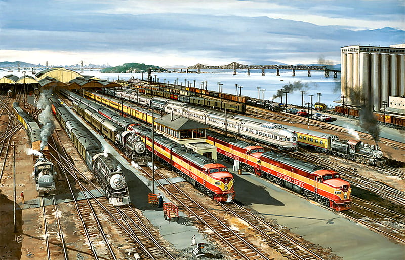 Train Yard, railroad, art, locomotive, bonito, illustration, artwork, yard, train, engine, painting, wide screen, tracks, HD wallpaper