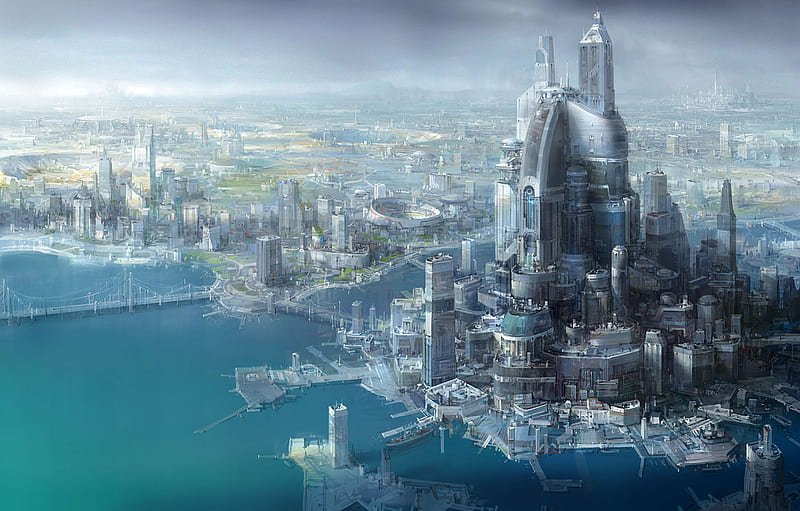 Futuristic City, high rise, buildings, futuristic, fantasy, city, water, dock, future, bridge, HD wallpaper