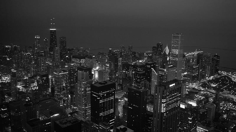 chicago in a black and white night, city, black and white, lake, night, skyscrapers, HD wallpaper
