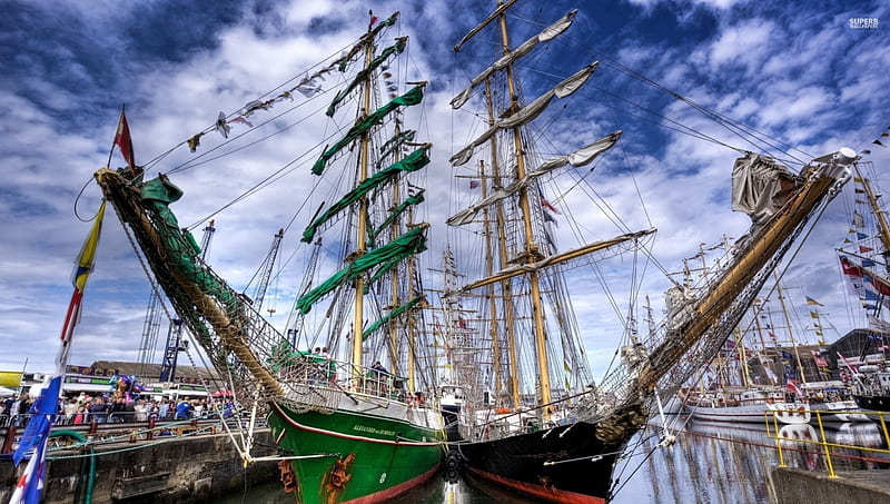 Sailing ships in the harbour, Sails, Sky, Bows, Masts, HD wallpaper
