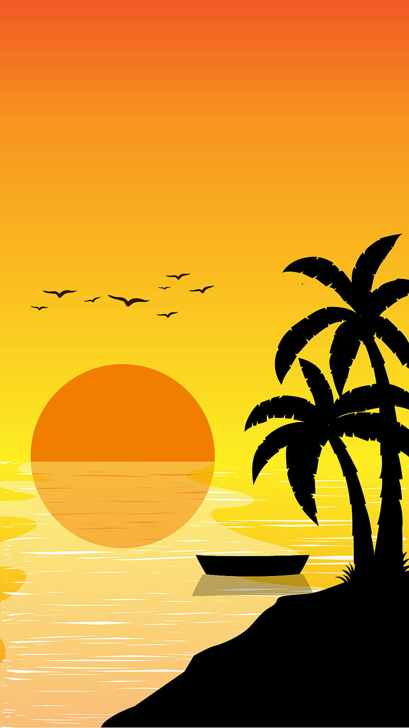 Dawn, gradiant, illustration, palm tree, potrait, reflection, sea, sunset, vector art, vector design, HD phone wallpaper