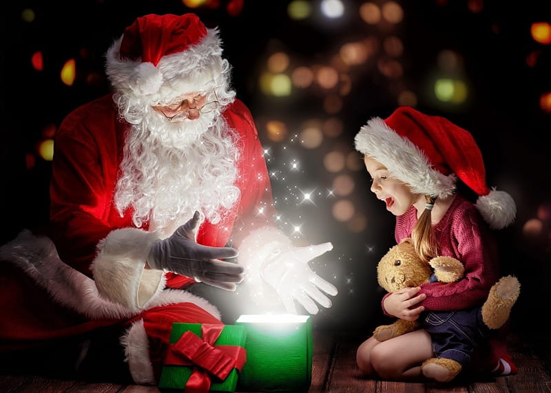 Magic Christmas, Christmas, Christmas hats, Holidays, Little girl, Santa Claus, Children, Teddy bear, Toys, Gifts, Christmas children, Winter hat, HD wallpaper