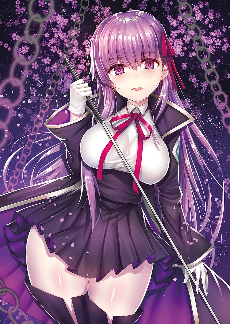2D, artwork, Fate Series, thick thigh, anime girls, bb ( fate/extra CCC ) , BB(Fate/Grand Order), Syoutamho, cherry blossom, purple hair, purple eyes, HD phone wallpaper