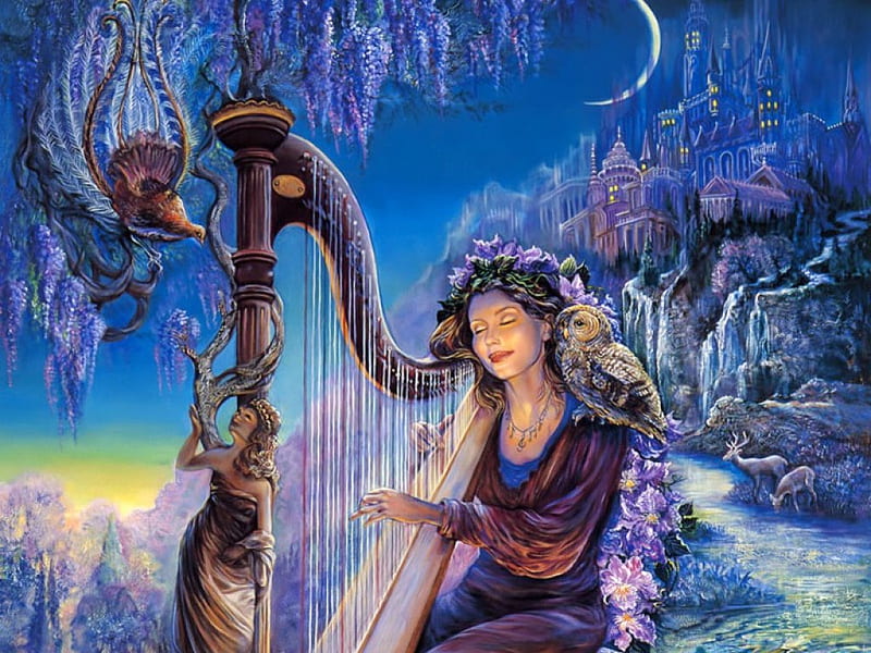 The Harpist, josephine wall, moon, harp, trees, castle, wall, woman, HD wallpaper