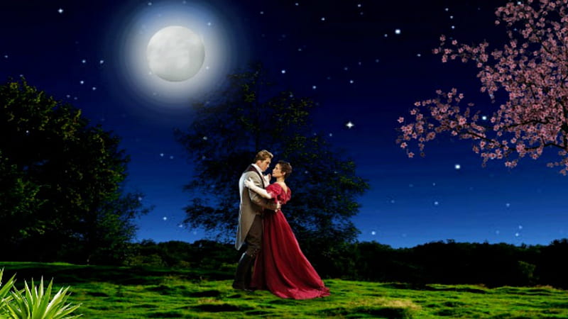 ~*~ Magic romantic Night ~*~, stars, noite estrelada, Magic romantic Night, lada, romantic couple dancing, romantic couple, beautiful night, starnight, full moon, HD wallpaper