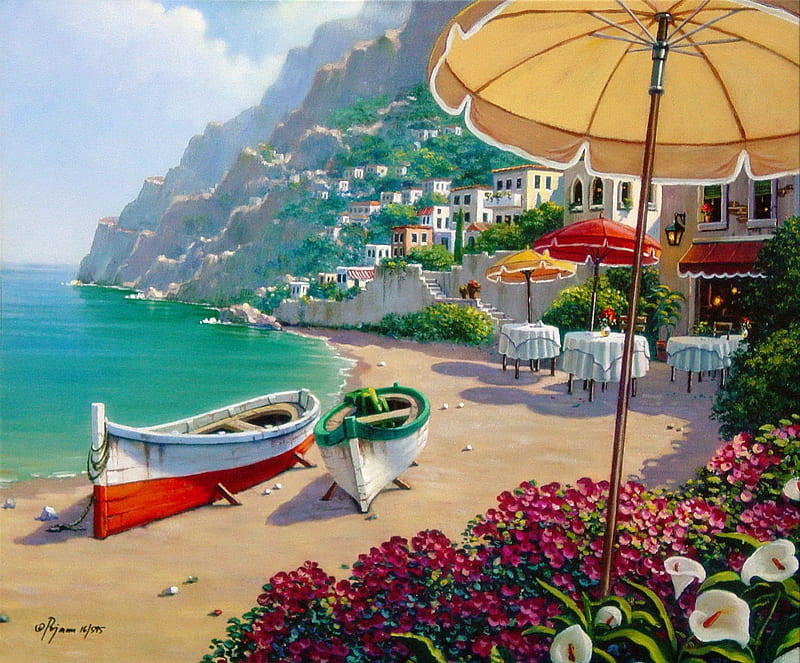Capri rendez-vous, pretty, resort, shore, cafe, Italy, umbrella, mountain, beach, nice, calm, boats, village, flowers, beauty, rest, art, lovely, ocean, relax, Capri, waves, water, serenity, restaurant, paradise, sands, bonito, sea, rendez-vous, painting, place, coffee, peaceful, nature, coast, HD wallpaper