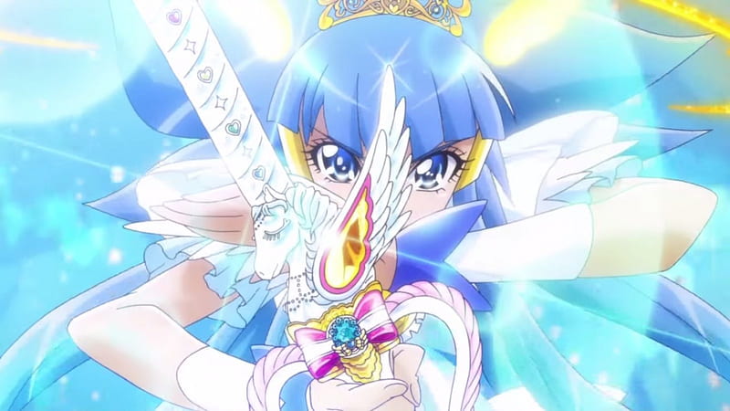 Princess Beauty, staff, pretty, glow, bonito, sweet, magical girl, nice, pretty cure, anime, beauty, anime girl, weapon, long hair, blue, cure beauty, smile precure, female, lovely, wand, glowing, rod, girl, blue hair, precure, shining, white, HD wallpaper