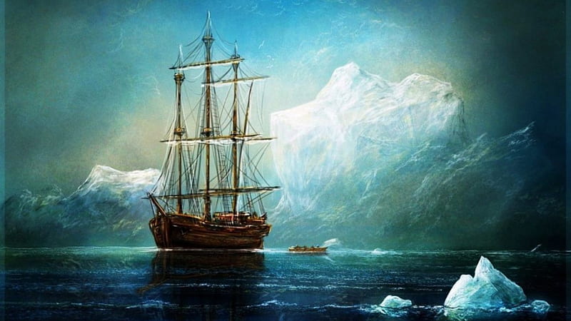 Polar Sailing, water, ship, ice, iceberg, artwork, sea, HD wallpaper