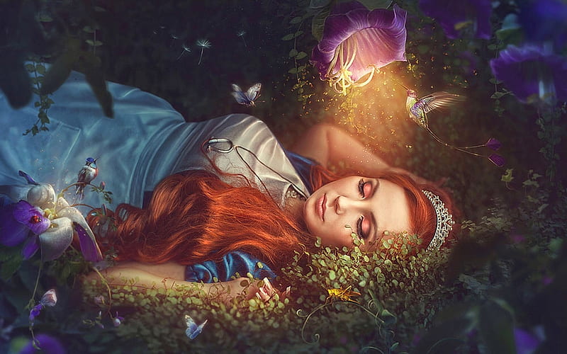 Sleeping Beauty, lovely, redhead, bonito, woman, Fantasy, sleeping