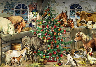 Farm Selfie Horse Pig Chicken Cow Sheep Wood Christmas Tree Ornament 