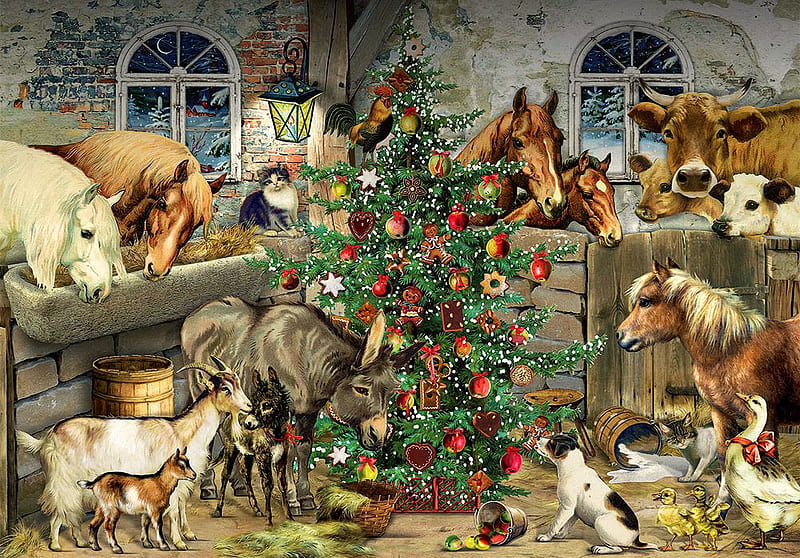 Christmas In The Barn, cat, animals, horses, dog, cows, ornaments, donkey, goose, tree, goats, painting, HD wallpaper