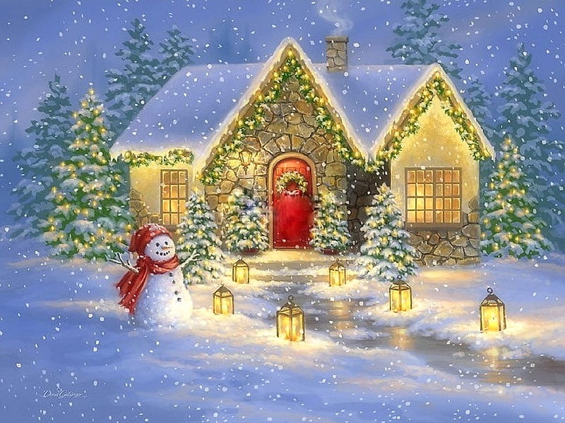Christmas Light Lane, winter, Christmas, lanterns, holidays, houses, home, love four seasons, snowman, paintings, snow, nature, xmas and newyear, lane, Christmas trees, light, HD wallpaper