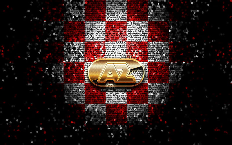 AZ Alkmaar FC, glitter logo, Eredivisie, red white checkered background, soccer, Dutch football club, AZ Alkmaar logo, mosaic art, football, AZ Alkmaar, HD wallpaper