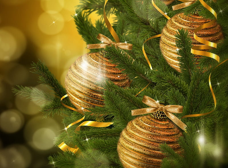 Christmas Glimpses!, christmas tree, bokeh, green, fresh, golden, ribbons, HD wallpaper