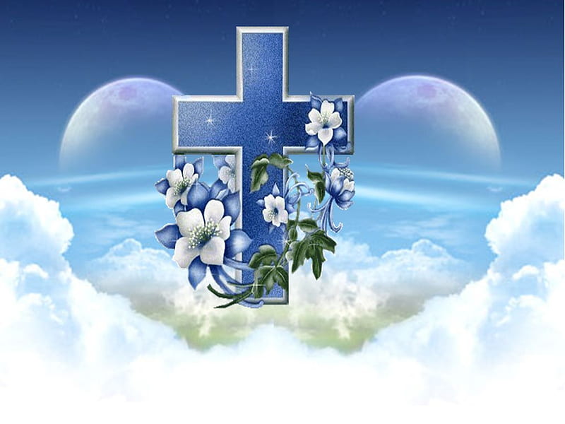 cruz azul, christianity, cloud, flower, jesus christ, religion, cross, god, blue, HD wallpaper