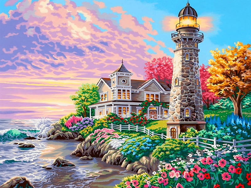 Majestic lighthouse, rocks, pretty, colorful, house, shore, cottage, clouds, sea, beach, stones, painting, village, flowers, morning, majestic, art, lovely, spring, sky, trees, lighthouse, blossoms, day, flowering, blooming, coast, beatuiful, HD wallpaper