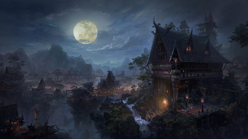 Gothic Castle, moon, gothic, town, castle, light, HD wallpaper