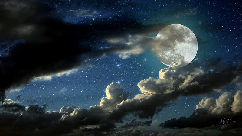 Cloudy Moon, sky, clouds, full moon, stormy, HD wallpaper