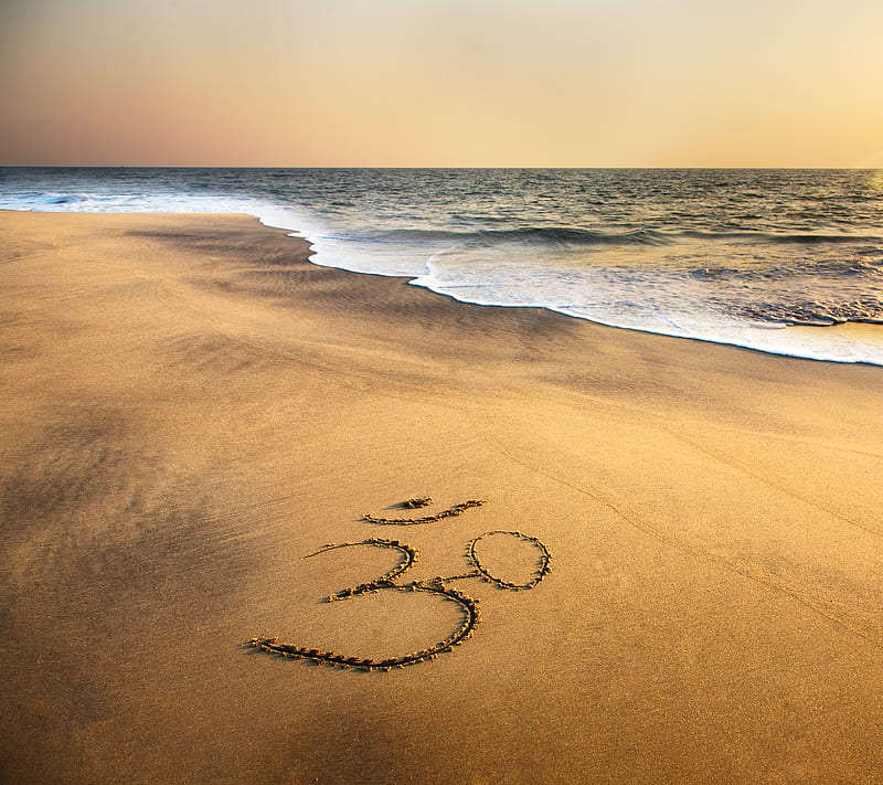 Om Symbol, beach, brahma, indian, ocean, sand, sea, sunset, HD wallpaper