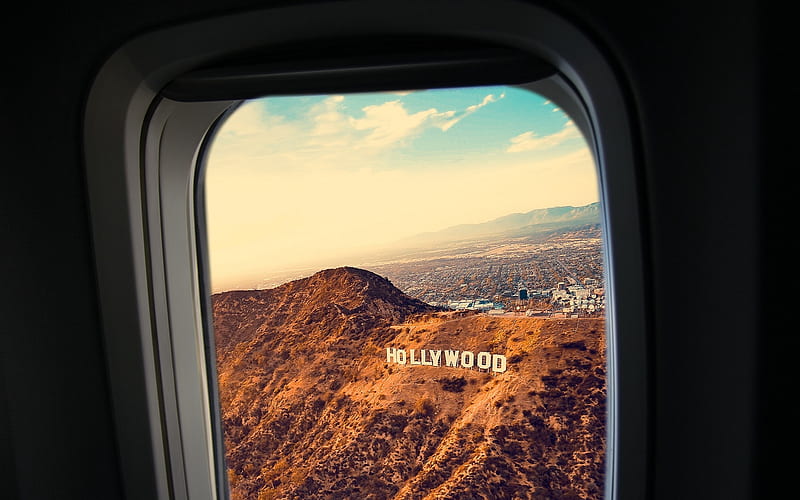 Hollywood, America, porthole, plane, travel concept, USA, HD wallpaper
