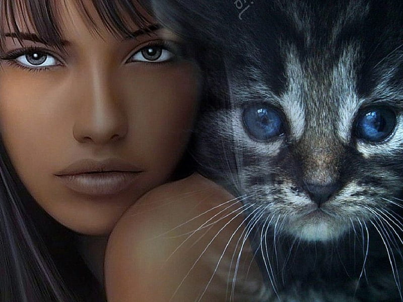 Girl with her kitty, fantasy, abstract, girl, kitty, HD wallpaper | Peakpx