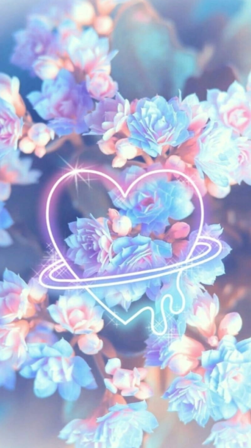 Pastel flowers, asthetic, blue, cute, edit, heart, neon, pink, purple, space, HD phone wallpaper