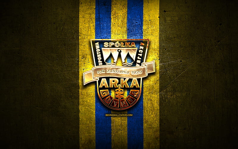 Arka Gdynia FC, golden logo, Ekstraklasa, yellow metal background, football, Arka Gdynia 1929, polish football club, Arka Gdynia logo, soccer, Poland, HD wallpaper