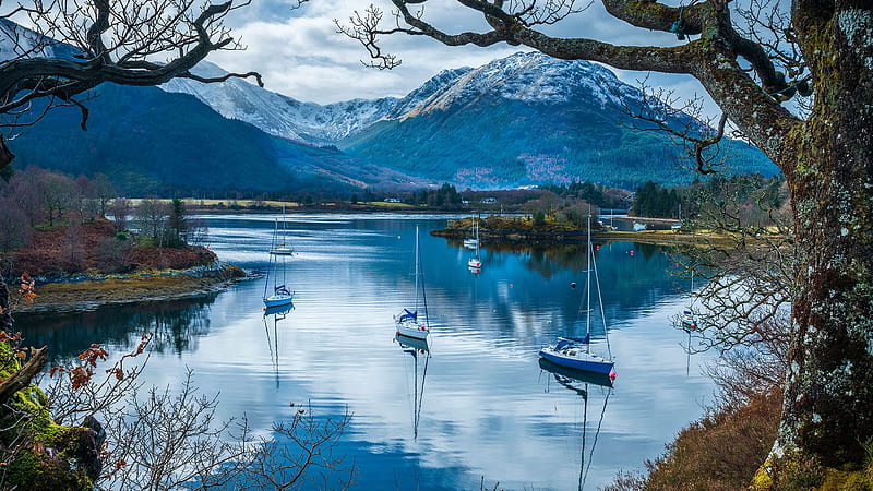 scotland loch, mountains, lake, sailboats, fall, forest, snow, HD wallpaper