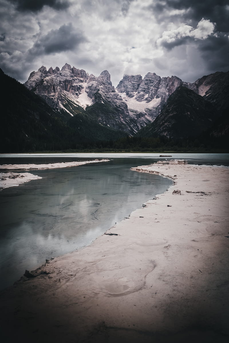 mountains, lake, clouds, shore, HD phone wallpaper