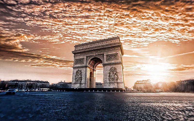Arc de Triomphe, sunset, Evening Paris, French landmarks, monument, Triumphal Arch, Paris, France, Europe, HD wallpaper