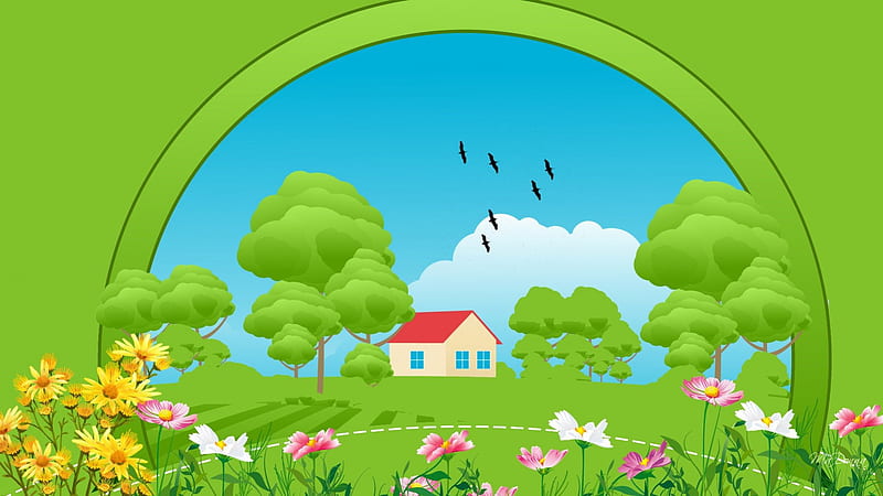 Summer Country Home, flowers, house, home, sunny, clouds, green, flowers, season, homey, warm, fresh, birds, smile, spring, country, sky, trees, abstract, happy, whimsical, summer, garden, HD wallpaper