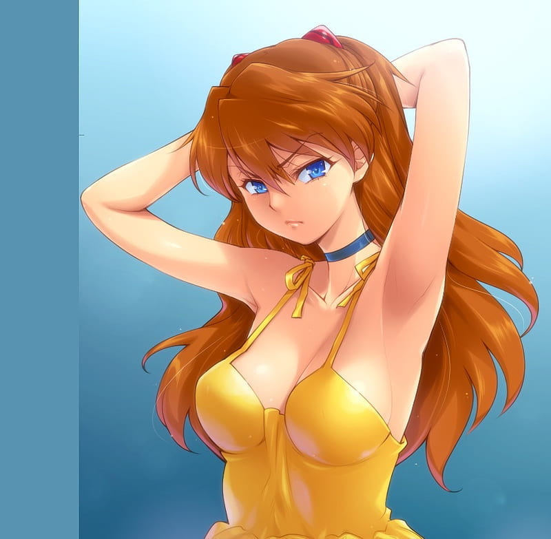 My Hair is Not Behaving, pretty, yellow outfit, bonito, woman, fantasy, anime, beauty, face, blue eyes, babe, red hair, asuka, sexy, evangelion, cute, neon genesis evangelion, girl, asuka langley soryu, HD wallpaper