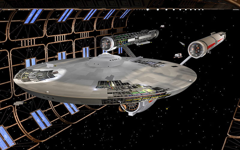 space dock, building, stars, scaffolding, starship, HD wallpaper