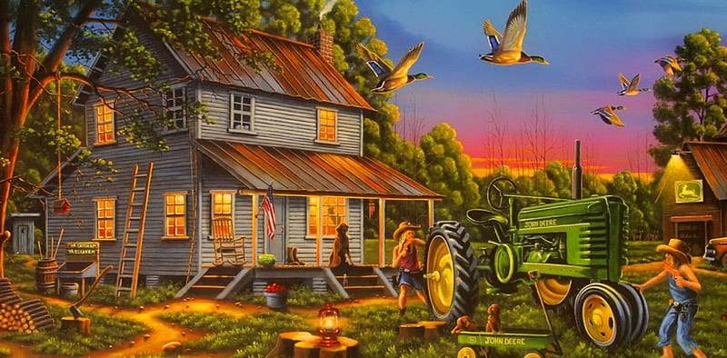 Playtime on the farm, art, house, cottage, playtime, bonito, fun, cabin, farm, painting, summer, peaceful, village, evening, HD wallpaper