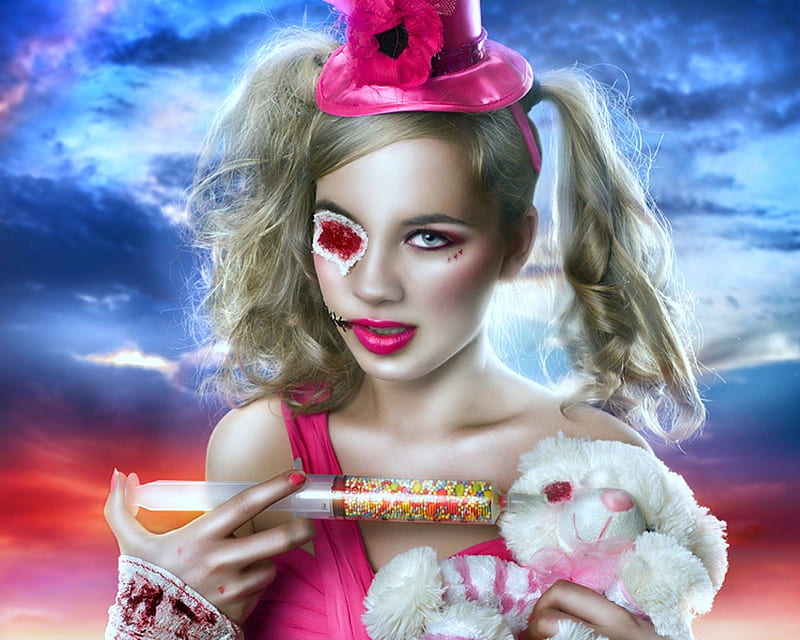 Sweet candy, candy, teddy bear, woman, pink, injection, HD wallpaper