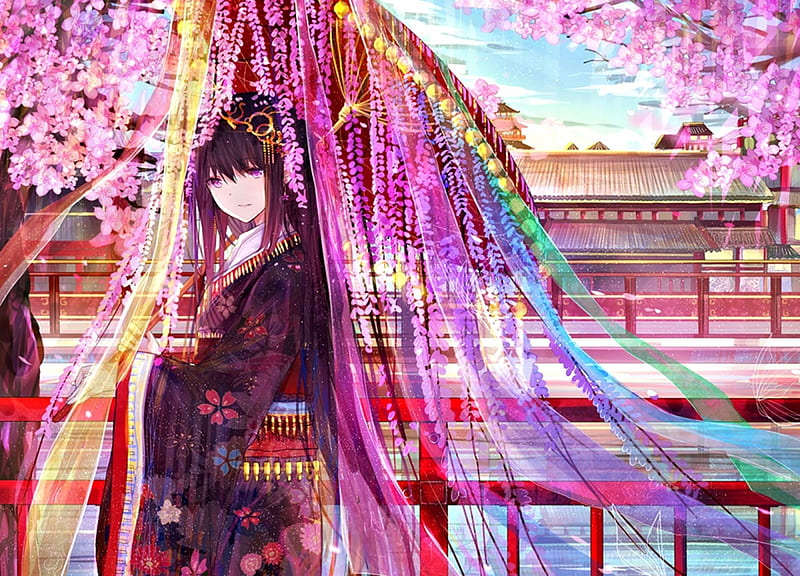 Akemi Homura, umbrella, manga, spring, kimono, bai qi qsr, girl, purple, anime, flower, pink, madoka magica, blue, HD wallpaper