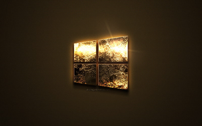 Windows 10 gold logo, creative art, gold texture, brown carbon fiber texture, Windows 10 gold emblem, Windows, HD wallpaper