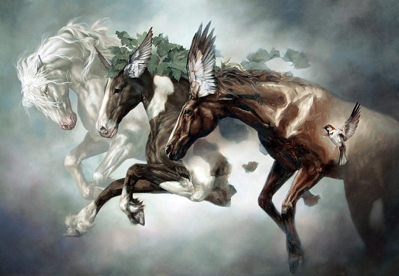 Fantasy horses, wings, luminos, brown, horse, animal, cal, fantasy, trio, johnny palacios hidalgo, white, HD wallpaper