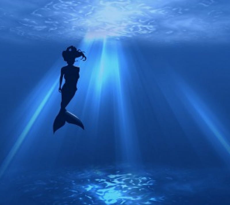 Siren Silhouette, fish, ocean, mermaid, sea, fantasy, girl, ariel, siren, blue, HD wallpaper