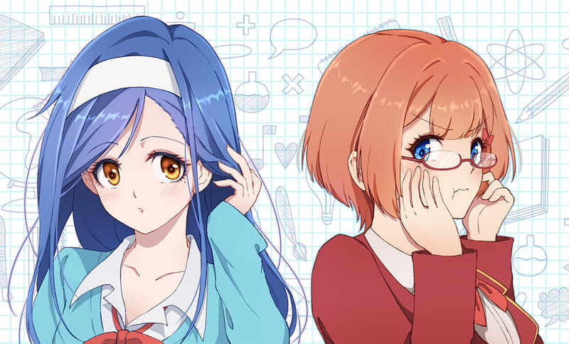 Anime, We Never Learn, Bokutachi wa Benkyou ga Dekinai, Fumino Furuhashi, Blue Hair, Brown Eyes, Long Hair, Girl, School Uniform, Rizu Ogata, Orange Hair, Blue Eyes, Glasses, HD wallpaper