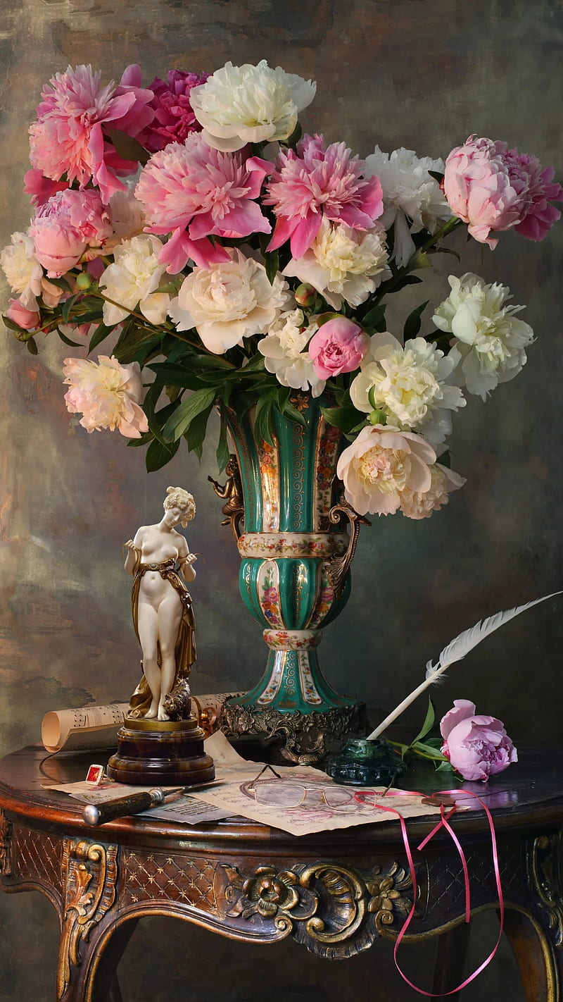 Bouquet, decoration, flower, flowers, pink, roses, statue, table, vase, white rises, HD phone wallpaper