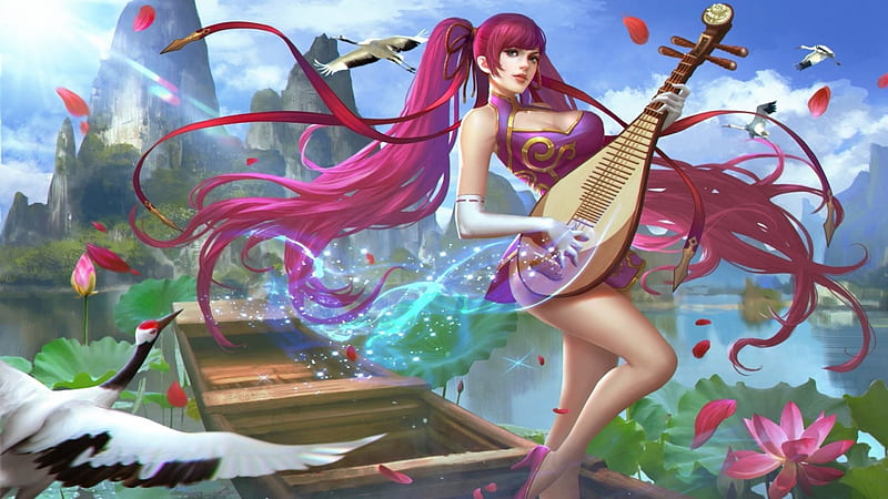 Zhaojun Rhapsody, crane, game, heroes of newerth, woman, instrument, fantasy, girl, bird, white, pink, blue, HD wallpaper