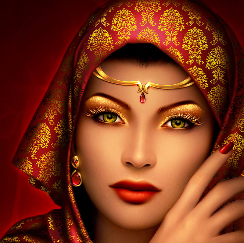 Beauty, red, female, bonito, india, abstract, woman, fantasy, gold, 3d, HD wallpaper
