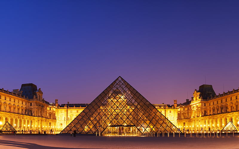 The Louvre, architecture, dusk, bonito, que, lights, musueum, landmark, famous, pyramid, evening, HD wallpaper
