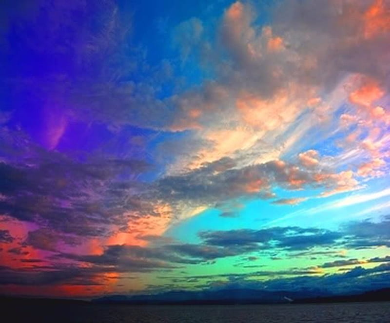Rainbow Clouds, Rainbow, Sky, Clouds, Lakes, Sunset, Nature, HD wallpaper