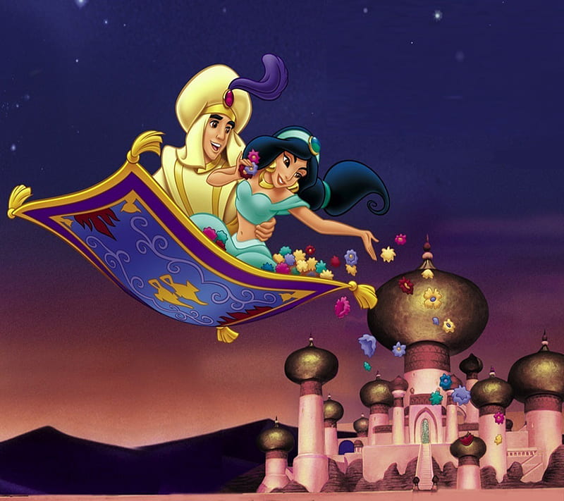 Aladdin And Jasmine, aladdin, couple, jasmine, kiss, love, HD wallpaper