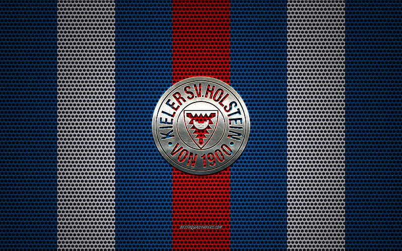 Holstein Kiel logo, German football club, metal emblem, blue white metal mesh background, Holstein Kiel, 2 Bundesliga, Kiel, Germany, football, HD wallpaper