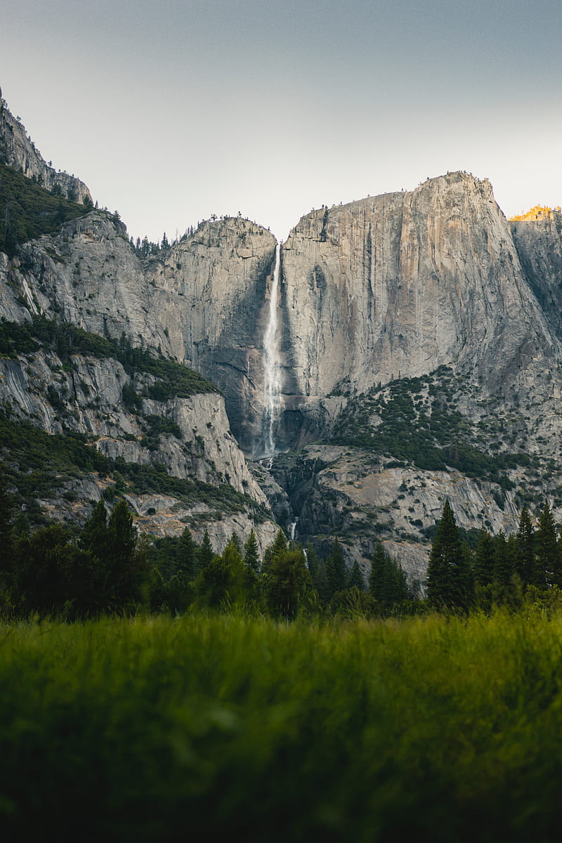waterfall, rocks, grass, cliff, HD phone wallpaper