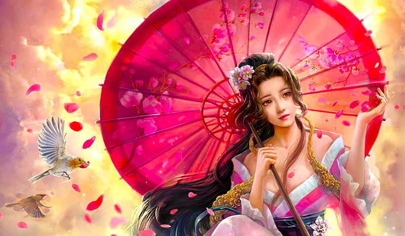 Fantasy girl, umbrella, asian, pink, parasol, frumusete, luminos, yellow, fantasy, girl, bird, princess, HD wallpaper