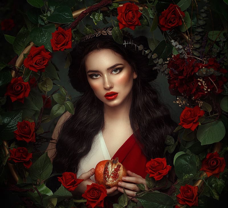 :), rose, model, flower, red, fruit, rebeca saray, girl, woman, HD wallpaper